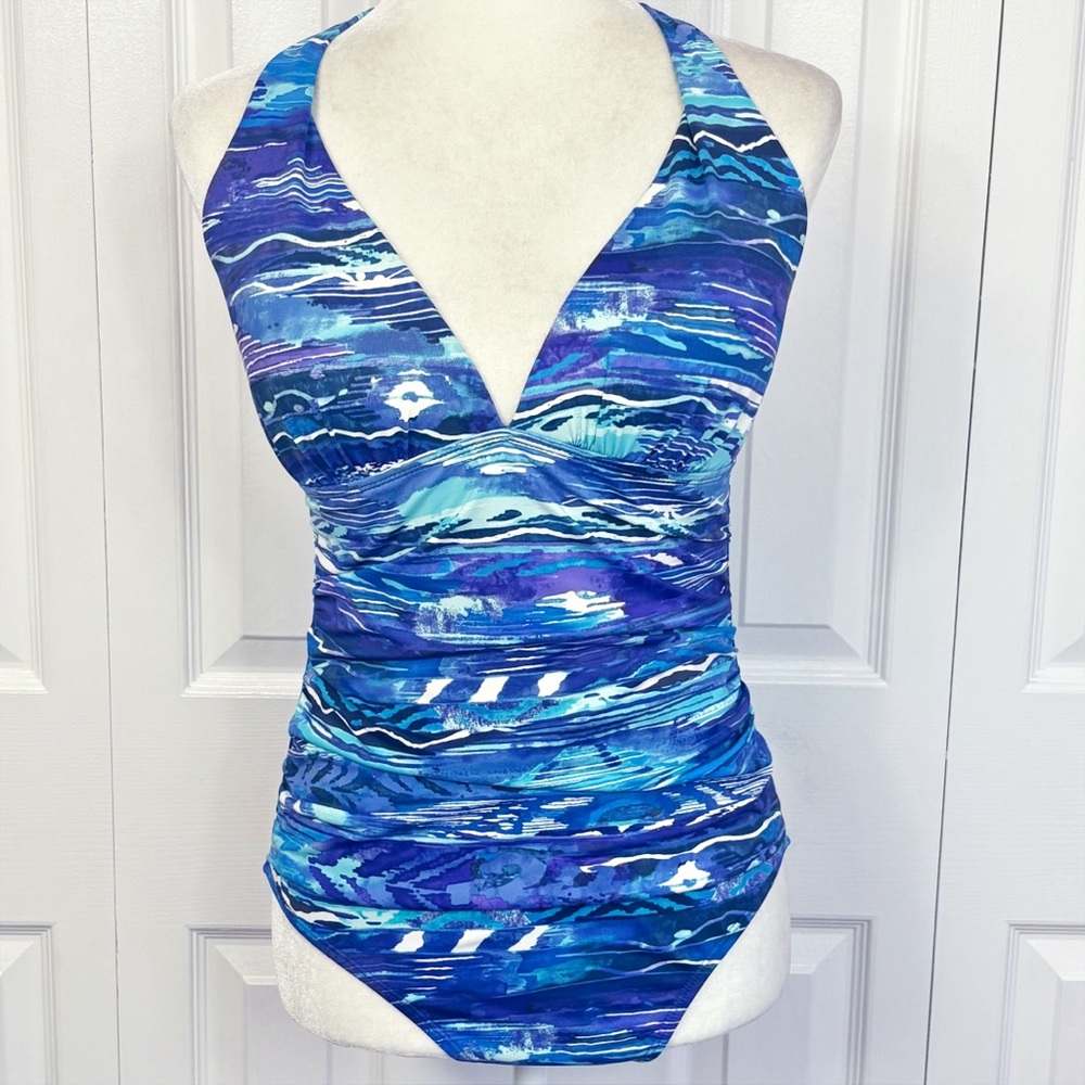 Lauren Ralph Lauren Blue & Purple Print Halter Ruched One-Piece Swimsuit 10